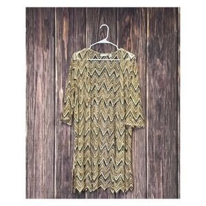 Susan Graver Knit Cardigan Womens XL Gold Brown Zig Zag Print Open Front